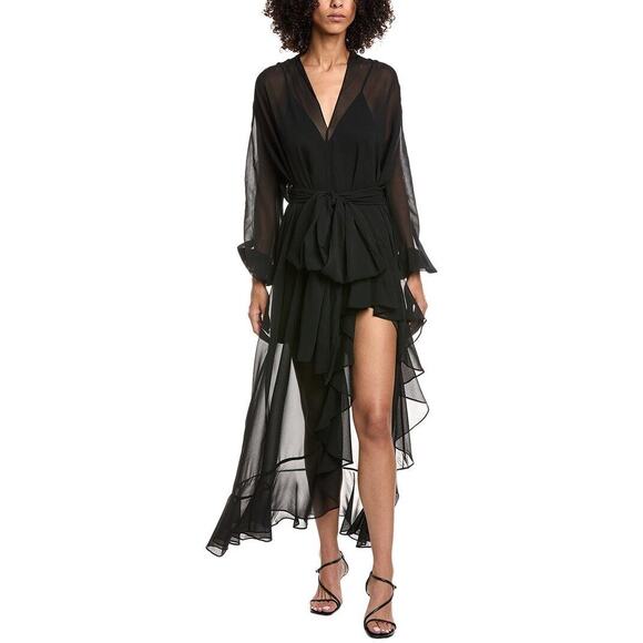 Amanda Uprichard Calliope Black Tie Waist Sheer Ruffled Long Sleeve Maxi Dress S - Picture 1 of 9